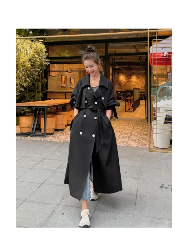 LE4568 Pure Color Trench Coat Women Spring and Autumn Fashion High-End Atmosphere Small Bright Line Long Coat - Image 3