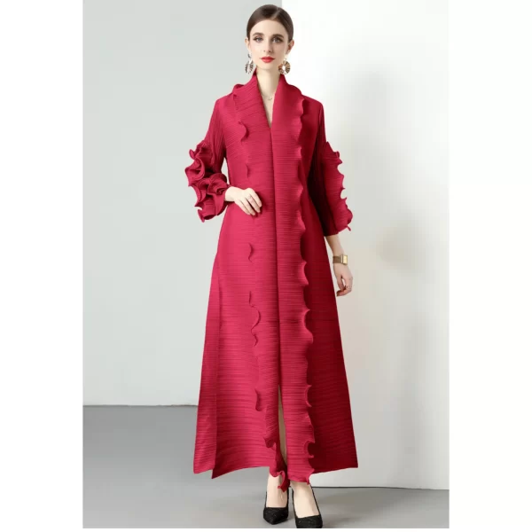 LE1751 Miyake Pleated Long Petal Sleeve Dress Lapel Cardigan Sashes Loose High Long Dress Fall Winter Women Designer Clothes