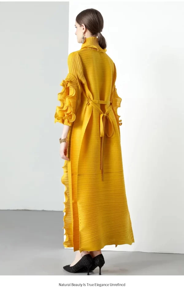 LE1751 Miyake Pleated Long Petal Sleeve Dress Lapel Cardigan Sashes Loose High Long Dress Fall Winter Women Designer Clothes - Image 5