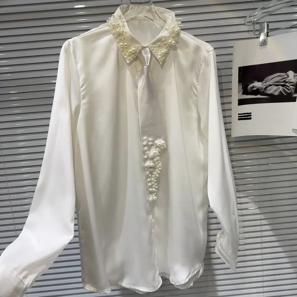 LE2050 New Dark Girl Heavy Industry Pearl studded Bead Tie Satin Solid Color Shirt - Image 3