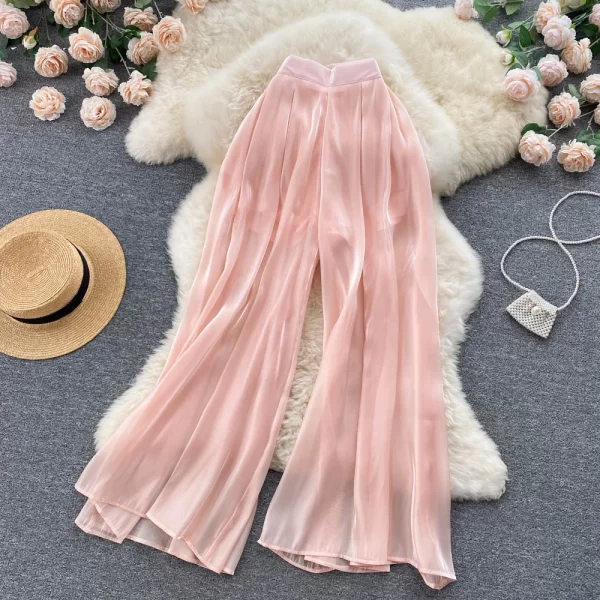 Women Shinny Gauze Wide Leg Pants High Waist See Through Long Trousers Lady Loose Casual Pants - Image 4