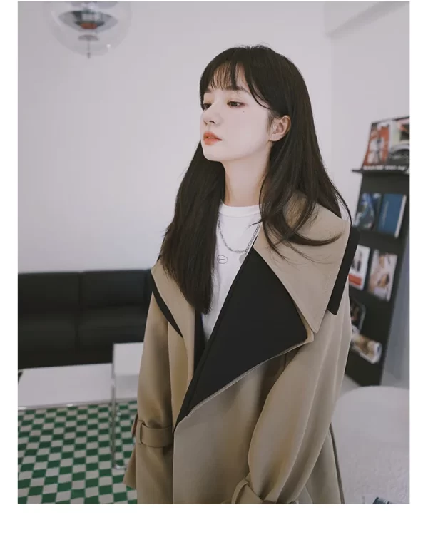 LE4559 Spring and Autumn Waist Windbreaker Women Short Loose Thin Man British Style Patchwork Coat Coat Span - Image 2