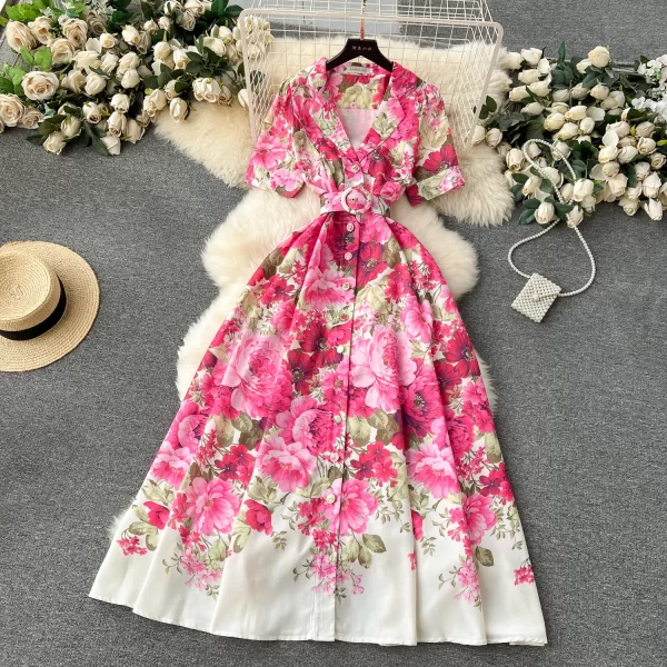 LE1935 2025 Summer Flower Series Print Dress Luxury Suit Collar Single Breasted Evening Gown Ladies Office A-Line Maxi Dress