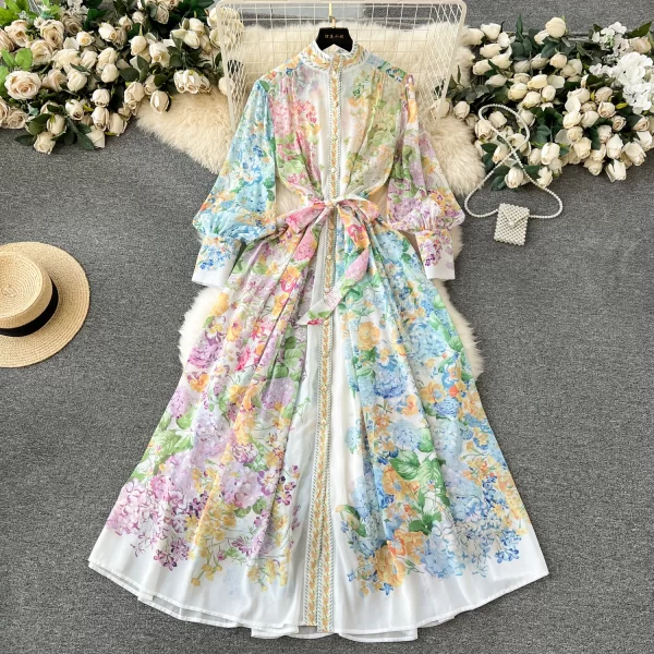 LE1903 2025 Flower Series Spring Ladies Floral Print Evening Dress Boho Holiday Stand Collar Lantern Sleeve Casual Maxi Dress