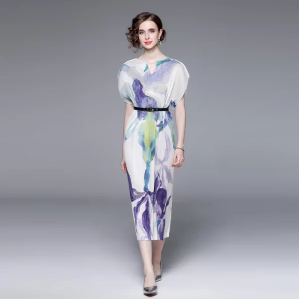 LE1475 V-neck Miyake Wrinkled Large Size Temperament Urban Women'S Dress Long Loose Butterfly Sleeve Floral Print Dress With Be - Image 4