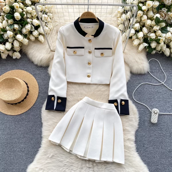 LE2074 Liuyang Qianjin Wear a Small Fragrant Wind Suit Design Sense Color Matching Cardigan + Pleated Skirt Two-Piece Set - Image 4