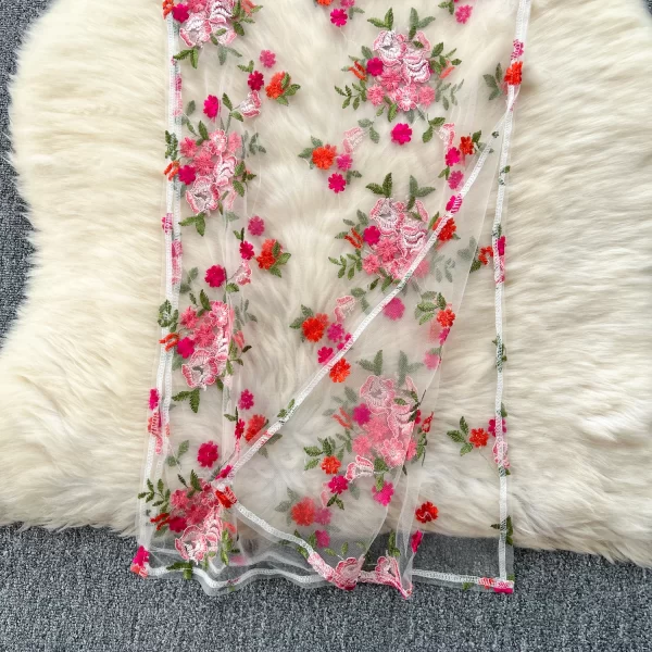 LE2147 in Stock Heavy Flowers Embroidery Mesh Halter Vest Dress Women 2025 Lap Over Streetwear Holiday Midi Slit Lace Dress - Image 4