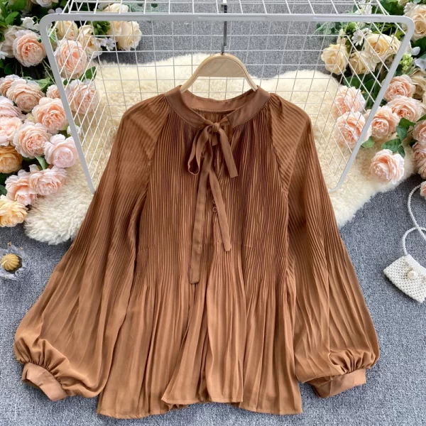 LE4028 Chiffon Long-Sleeved Shirt Women'S Pleated Lantern Sleeve Baggy All-In Candy-Colored Spring Top - Image 4