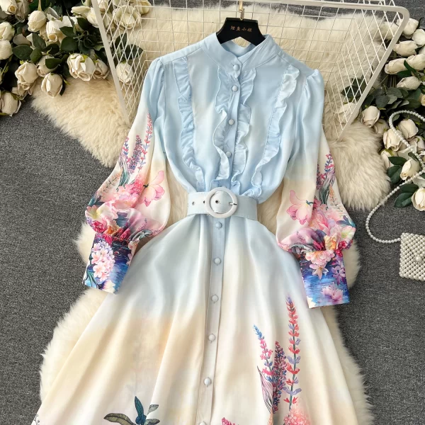 LE1900 2025 New Floral Series Sweet Ruffled Design Print Belted Long Dress French Holiday Style Elegant Office Party Maxi Dress - Image 5