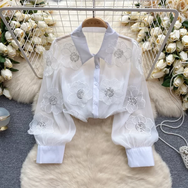 LE4030 High-End Beaded Sequin Three-Dimensional Flower Shirt Women 2025 Spring New See-Through Mesh French Top