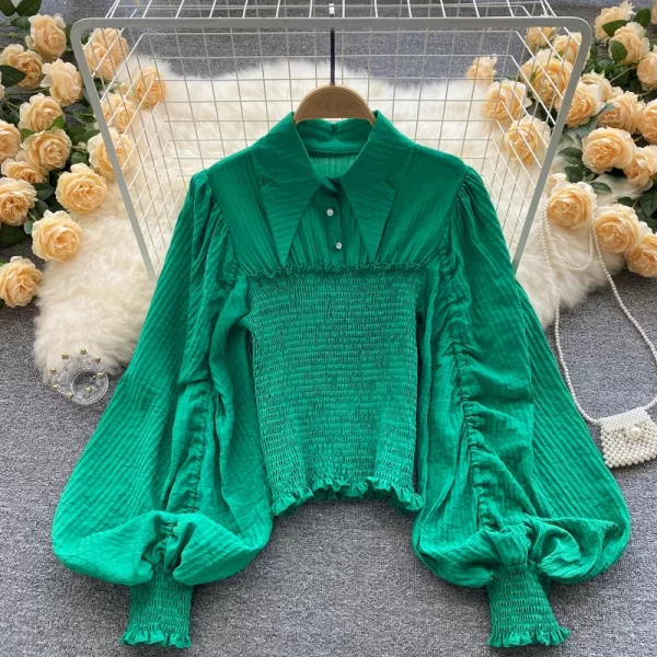 LE4033 Fashion Pleated Retro Lantern Sleeves Tucked Waist Point Collar Short Slim-Fit Shirt Ladies Style All the Top