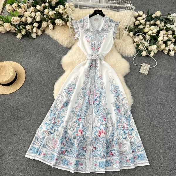LE1908 2025 New European Long Evening Dress Retro Court Style Niche Print Shirt Dress Slim Flying Sleeve Woman Spring Clothing - Image 2