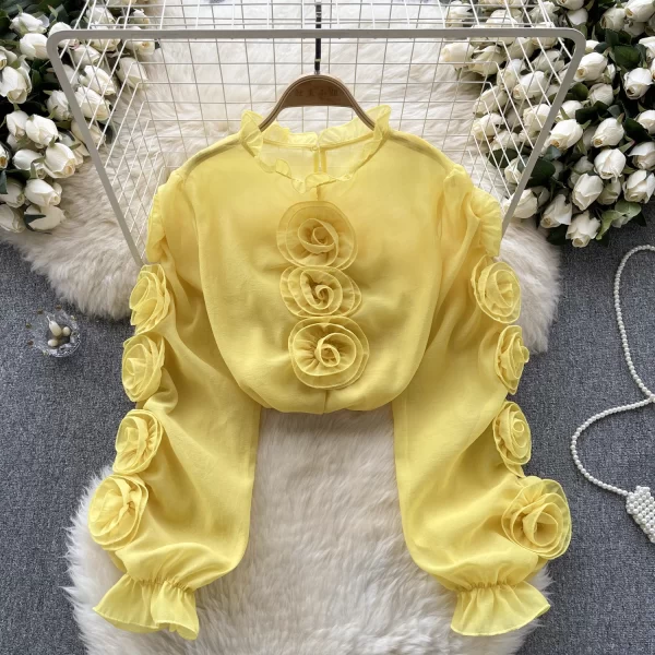 LE4024 Light Luxury Girl Style Lantern Sleeve Shirt Women'S Gauze Three-Dimensional Flower Loose Design Blouse - Image 5