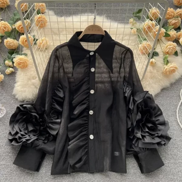 LE4034 New Niche Design Sense Lapel Single Breasted Ruffled Edge Splicing Personality Loose Western Style Shirt Woman - Image 2