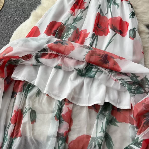 LE1467 Pastoral Style Floral Print Suspender Dress Elastic Waist Fold Retro Super Fairy Flowing Hemline Mid-Length Women'S Dress - Image 5