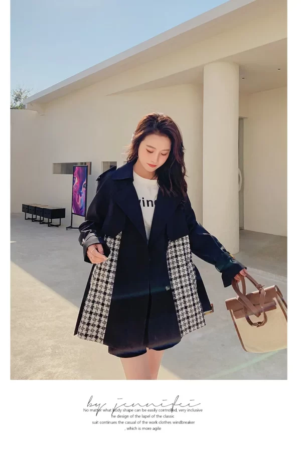 LE4557 Plaid Patchwork Black Trench Coat Female Design Sense of High-Grade Spring and Autumn British Wind Long Coat - Image 5