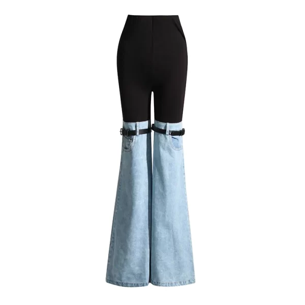LE1078 Spring New High-Waisted Splicing Personality Design Denim Pants Women's Straight Flared Pants - Image 3