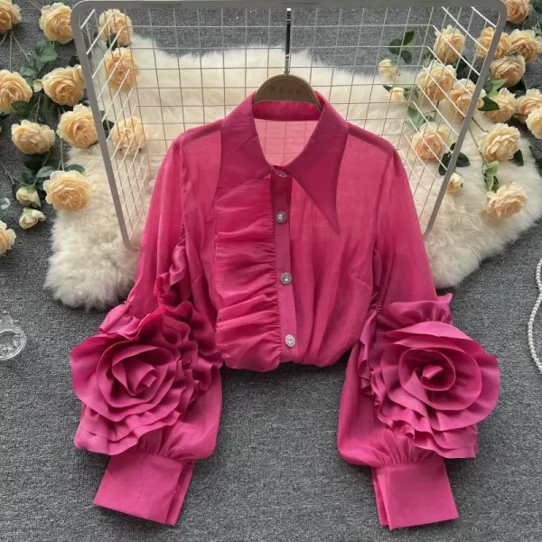 LE4034 New Niche Design Sense Lapel Single Breasted Ruffled Edge Splicing Personality Loose Western Style Shirt Woman - Image 5