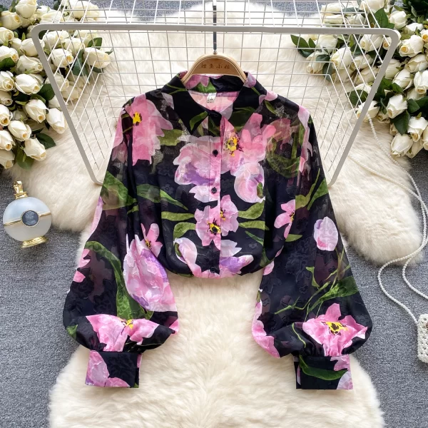 LE4016 French Vintage Tulle Floral Shirt Women'S Summer Polo Collar Lantern Sleeve Design Sense of Niche Chic Loose - Image 2