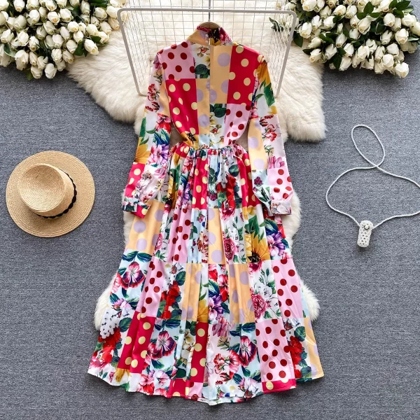 LE1664 Chic Temperament Long-Sleeved Bow Lace-Up Print Dress Business Socialite Party Elegant Lace Multicolor Dress - Image 2