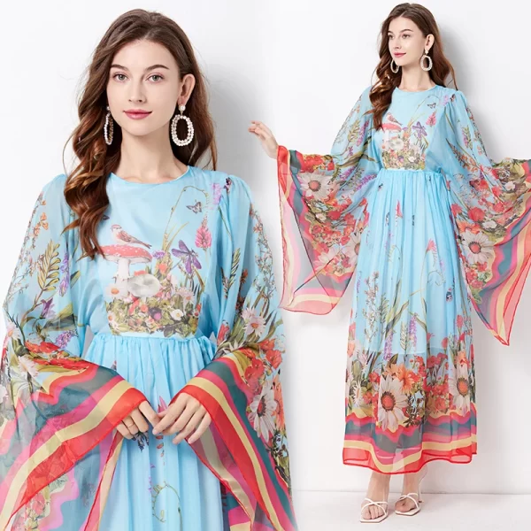 LE1530 Classic Art Pattern Dress Classical Crew-Neck Flared Long-Sleeved Loose Print Dress Tensilk Holiday Folded Maxi Dress - Image 5