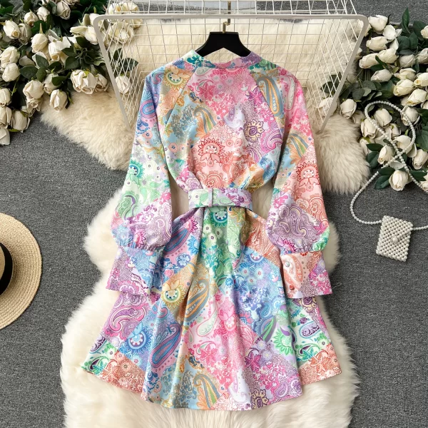 LE1912 European Court Style Dinner Dress Multi-Color Floral Print Puffed Long Sleeve Mini Dress Women'S Office Party Short Dress - Image 2