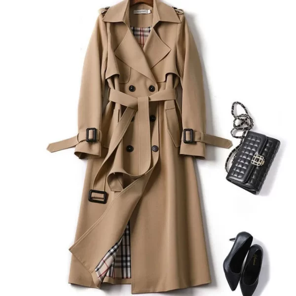 LE2380 Khaki Design Trench Coat Double Layer Windbreaker Midi Version British Style Casual Loose Coat Plus Size Overcoat