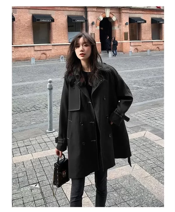 LE4576 British Wind Trench Coat Small in the Long Spring and Autumn New Loose Thin Bright Line Women Coat - Image 2