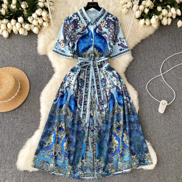 LE1662 Socialite Party Retro Peacock Print Dress Chic Lapel Short Sleeve French Office Party Casual Ladies Boutique Midi Dress