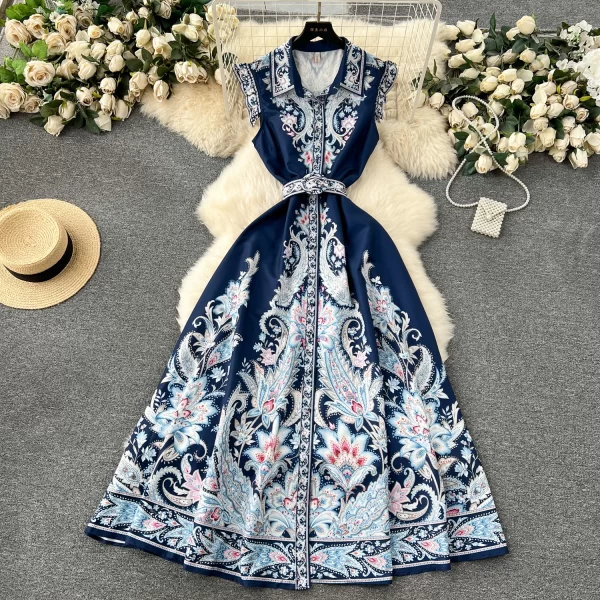 LE1908 2025 New European Long Evening Dress Retro Court Style Niche Print Shirt Dress Slim Flying Sleeve Woman Spring Clothing