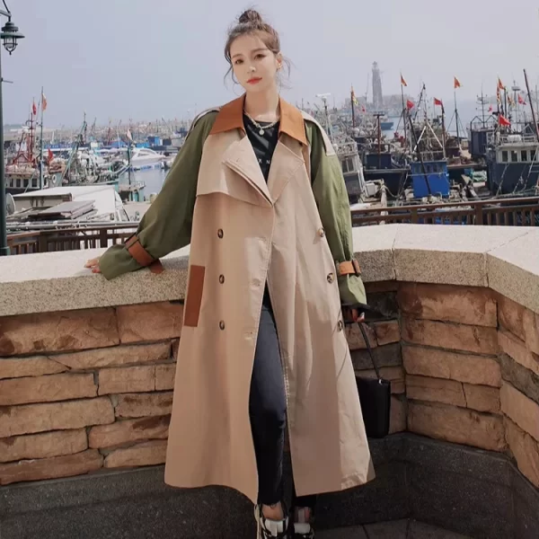 LE4573 Spliced Trench Coat Female New Autumn Long Loose Casual Popular British Wind Trench Coat