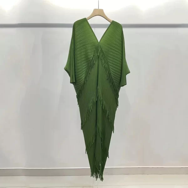 LE1564 Pleated Tassels Dress for Women V-neck Batwing Sleeves Fashion Spliced Dresses Female Clothing Boutique Casual Dress - Image 6