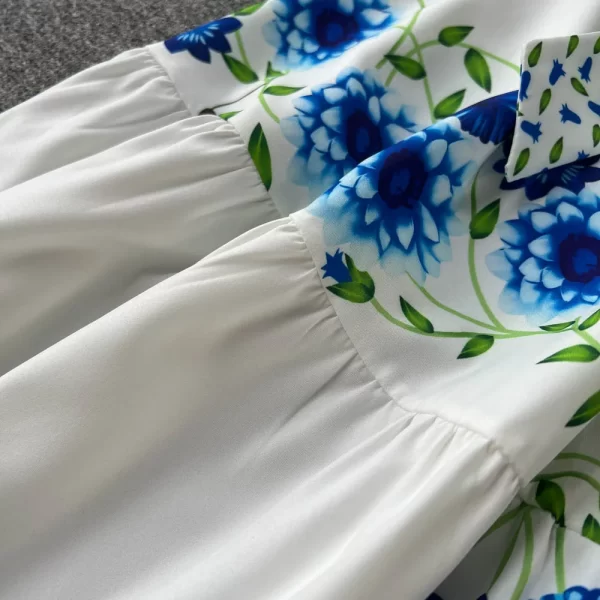 LE1453 Lantern Sleeve Floral Dress Polo Neck Lace-Up Print Gentle Wind Shirt Dress Women'S Office Holiday Wind Dress - Image 6
