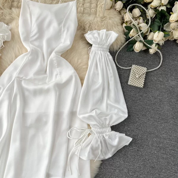 LE2071 Senior Sense Dress Spring Women Design Sense Irregular Slip Dress French Square Collar Temperament Dress With Sleeves - Image 4