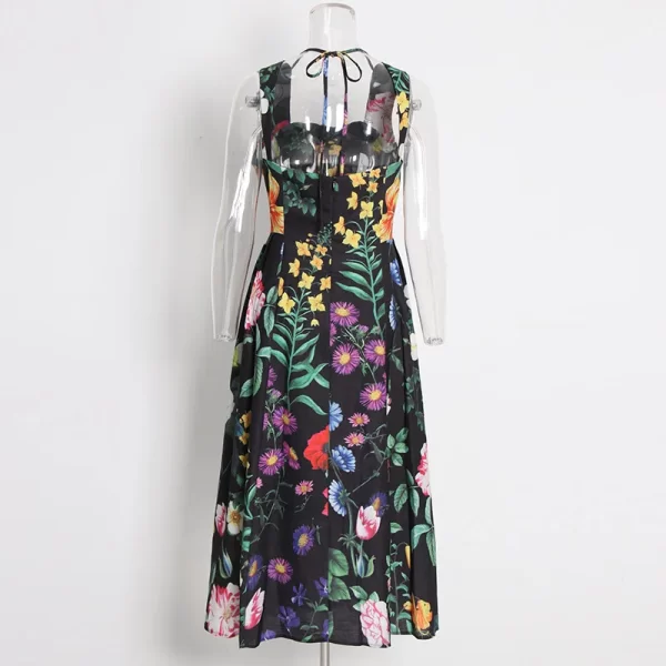 LE1470 2025 New Floral Print Halter Casual Dress Elegant End Heavy Nail Drill Backless Zipper Midi Boutique Women'S Dresses - Image 4