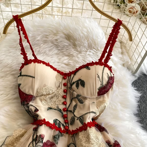 LE2127 Three-Dimensional Layer Thread Embroidery Red Strap Dress Embroidery Floral Dress Holiday Gentle Mesh Women'S Dress - Image 2