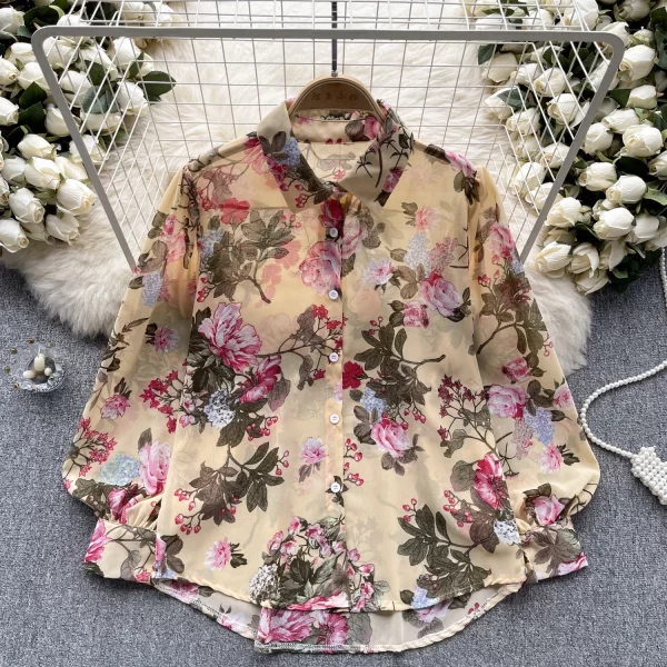 LE4025 French Vintage Printed Shirt Women 2025 Early Spring New Age-Reducing Bubble Sleeve Slim Chiffon Top - Image 5