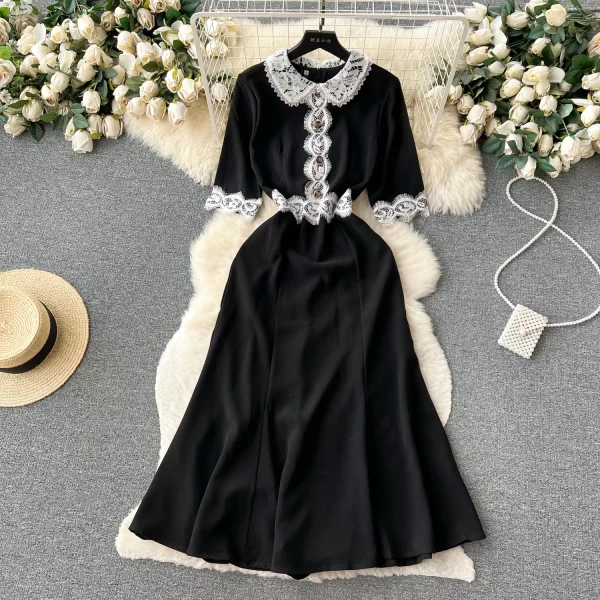 LE1920 Sprin/ Summer New Lace Patchwork Lapel Evening Dress Three-Dimensional Cut Slim Office Party Midi Dress