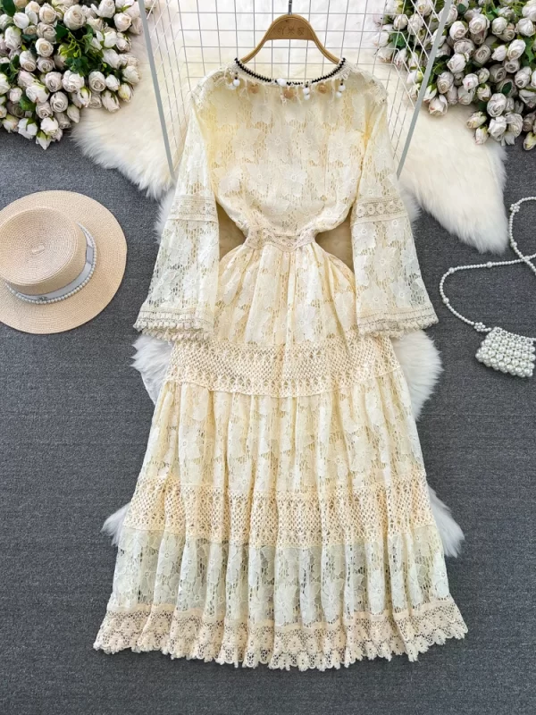LE2133 Bohemian Embroidered Dress Fringe Lace Hook Floral Long Dress Chic Flared Sleeve Holiday Apricot Midi Women'S Dress - Image 2