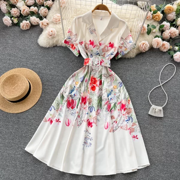 LE1456 Summer New Suit Collar Temperament Celebrity Waist Printing Chiffon Dress Female Short-sleeved Sweet Pleated Fairy Dress