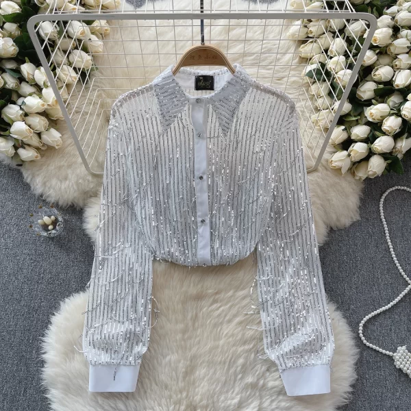 LE4031 Senior Sense Sequin Fringe Shirt Women'S Spring New Thin See-Through Gauze Blouse Shirt
