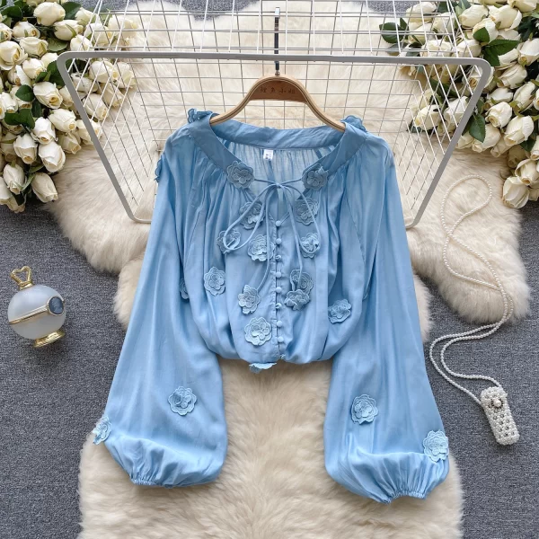 LE4037 Korean Wind Ins Sweet and Gentle Three-Dimensional Flowers Tied up Lantern Sleeve Shirt Female Loose Thin Shirt in Autumn