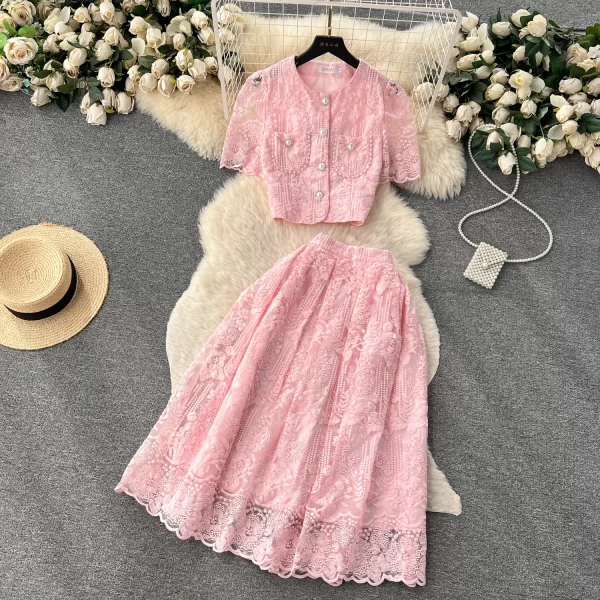 LE2069 Couture Couture Women'S French Lace Crochet Puff Sleeve Shirt Two-Piece Set of High-Waisted Slimming Skirt - Image 3