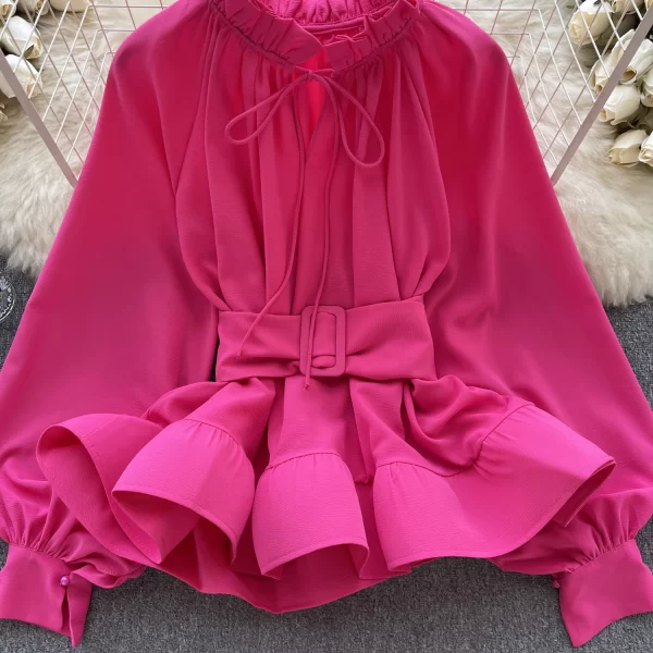 LE4021 Light Luxury French Retro Court Style Waist Tied With Ruffled Shirt Female Niche Chic Long-Sleeved Blouse - Image 5