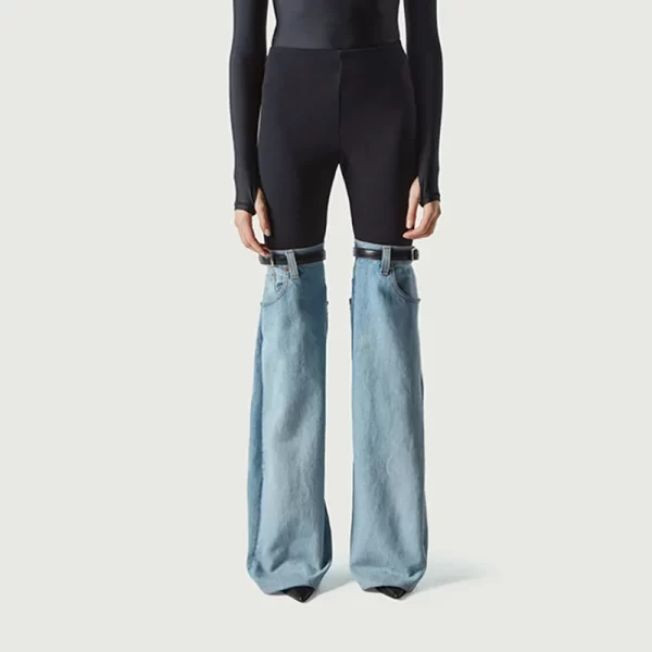 LE1078 Spring New High-Waisted Splicing Personality Design Denim Pants Women's Straight Flared Pants
