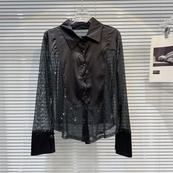 LE2062 New Dark Spice Girl Full of Stars Hot Diamond Mesh Stitching Shirt - Image 2