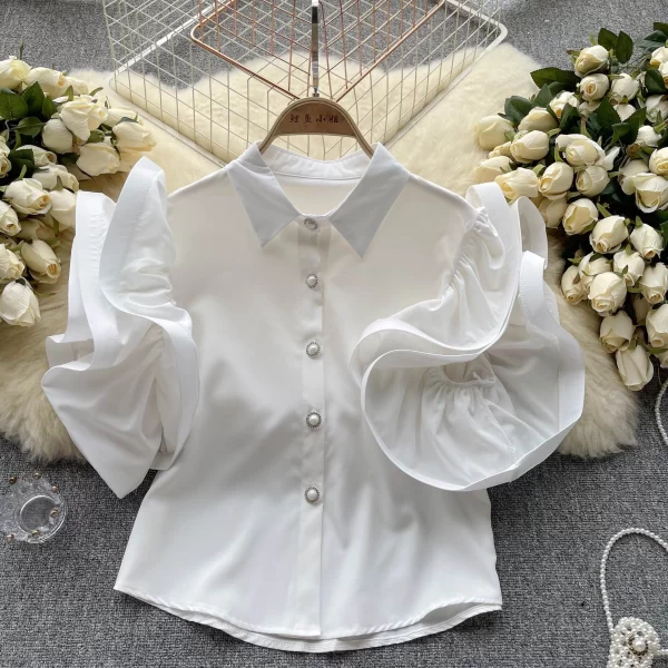 LE4026 French Niche Design Sense Ruffled Shirt Women'S Summer Dress New Fashion Style With Lapel Cardigan Top - Image 3