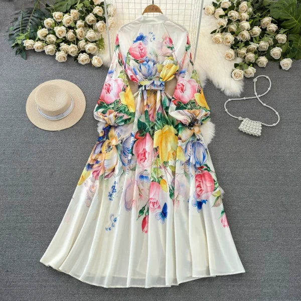 LE1934 2025 Vintage Floral Print Evening Gown Court Style Lantern Long Sleevebelted Single-Breasted A-Line Women Maxi Dress - Image 3
