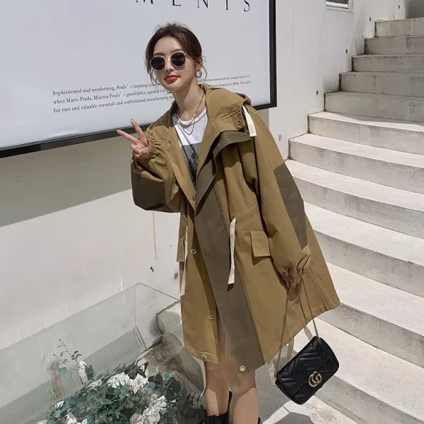 LE4553 Hooded Overalls Trench Coat Female Spring and Autumn Long Small Korean Version Loose Casual Coat - Image 2