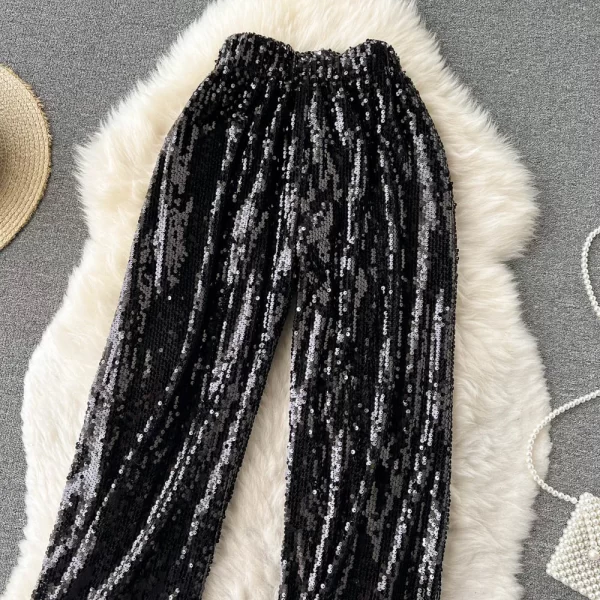 Boutique Hot Sale Sequins Trousers High Waist Straight Pants Women Shinny Long Pants - Image 4